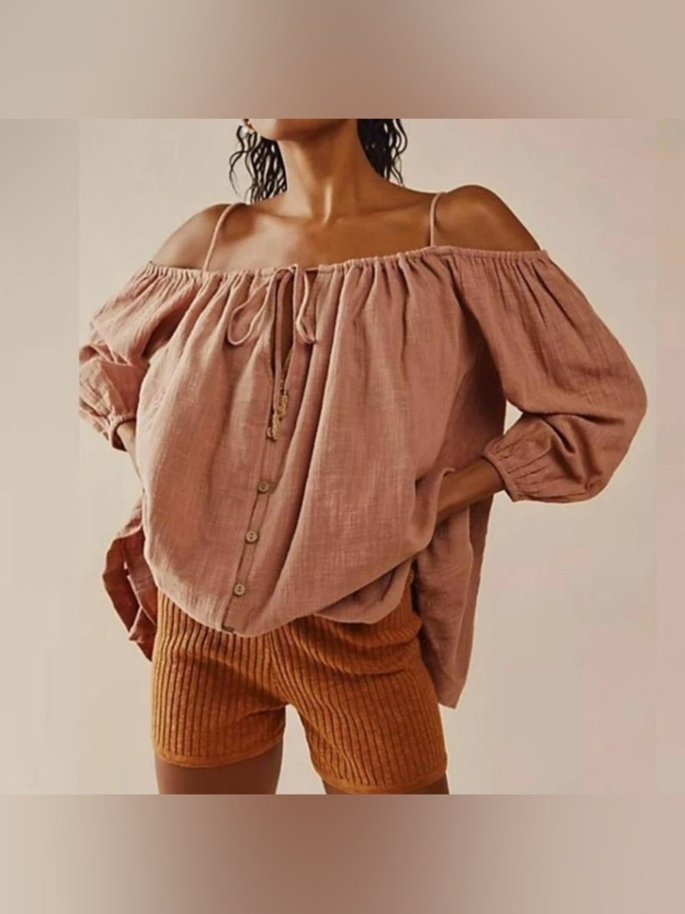 Free People Dusty Rose Cotton Cold Shoulder Long Sleeve Blouse - Size XS